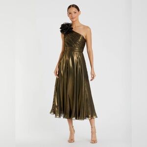 MAC DUGGAL 70173 NWT Gold Rosette One Shoulder Tea Length Dress